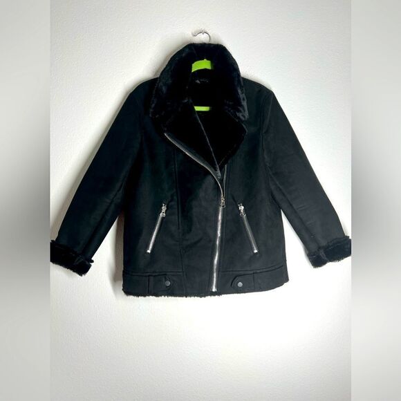 H&M Faux Fur-lined Biker Jacket Black Full Zip Aviator Size 8 - Picture 1 of 15